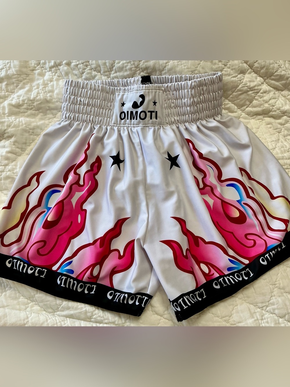 OIMOTI White Boxing Shorts with Pink Flame Graphic